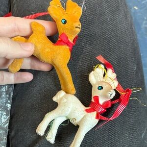 Set of 2 vintage flocked reindeer ornaments